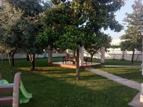 Landscaped yard with a lawn, trees, and a covered seating area. - image 4