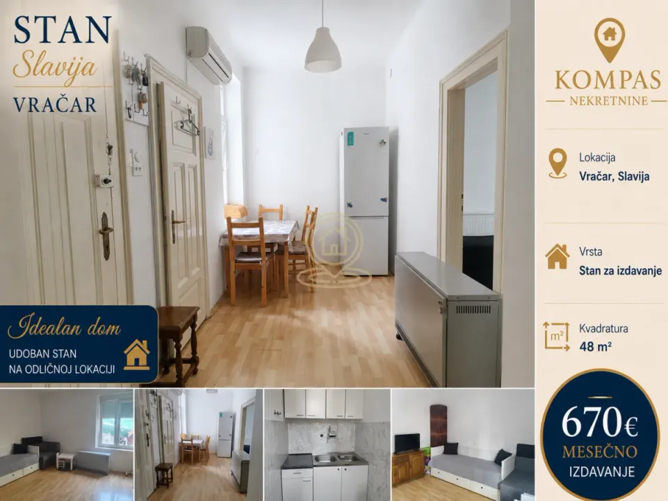 Izdavanje, dvosoban stan, 48m², Slavija, Vračar Sve Podlokacije