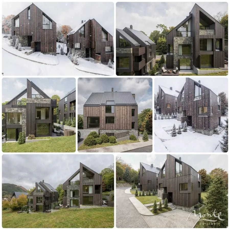 Kolaž fotografija koje prikazuju eksterijer i fasadu moderne drvene kuće u planinskom okruženju.