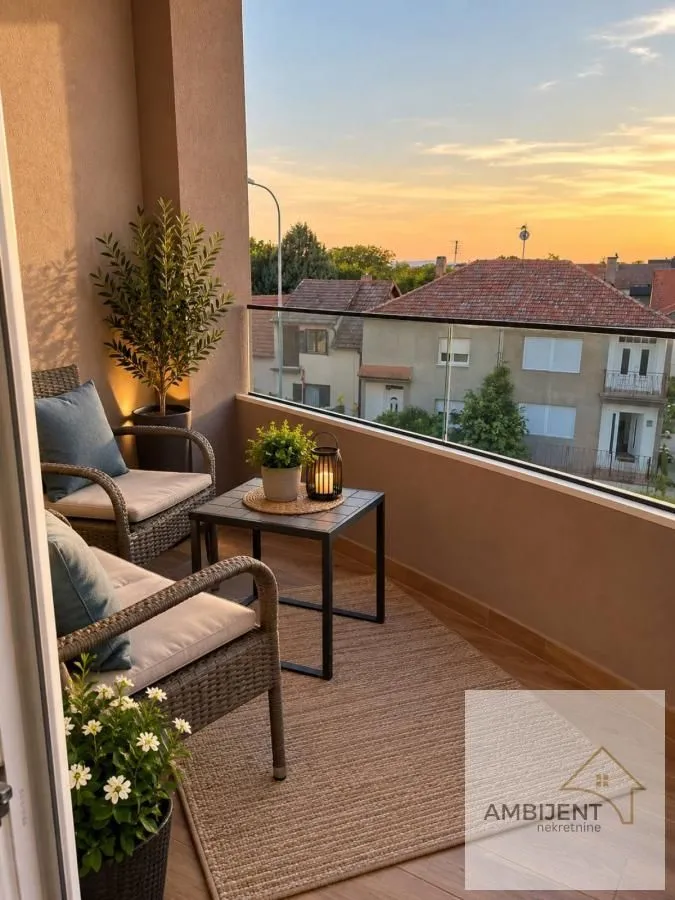 Namešten balkon sa garniturom za sedenje i pogledom na naselje.
