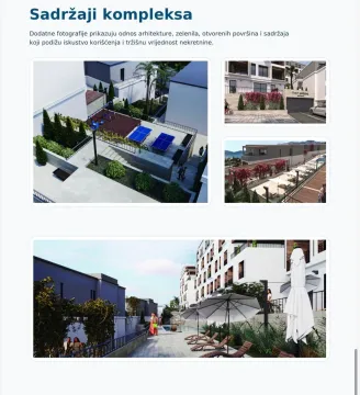 Prikaz eksterijera i sadržaja stambenog kompleksa sa uređenim dvorištem i bazenom. - image 6