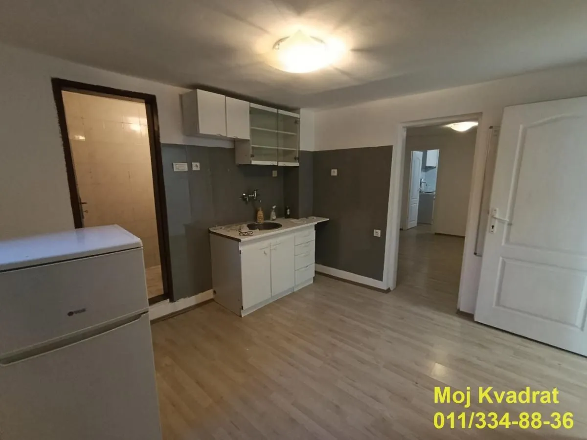 Smaller kitchen with a sink, cabinetry, and a refrigerator.