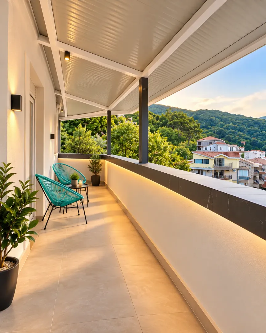 Spacious covered terrace with seating furniture and a view of nature and surrounding houses.