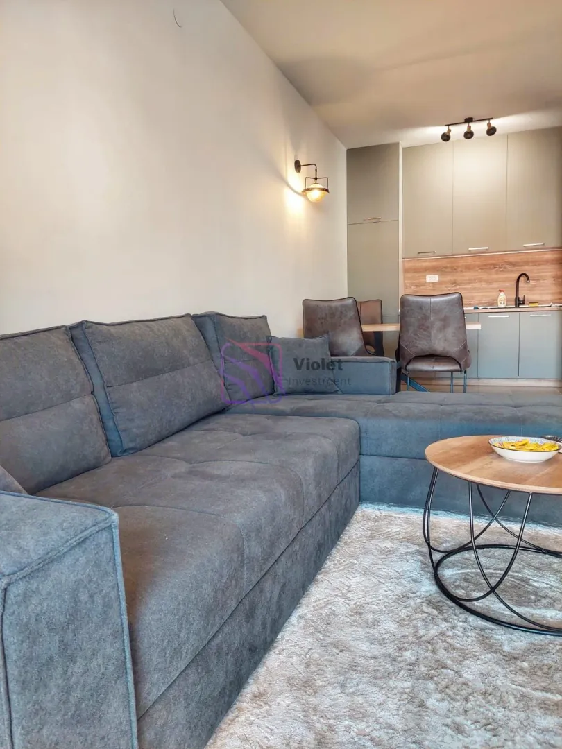 Living room with a sofa and a view of the kitchen in the background.