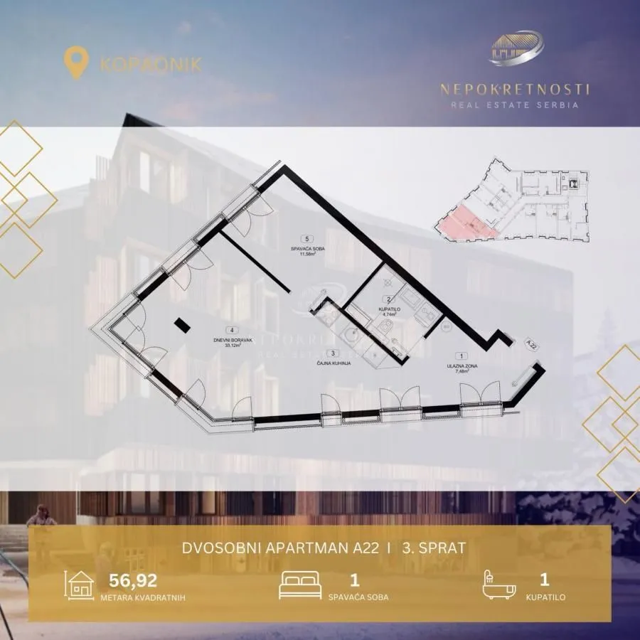 Prodaja, dvosoban stan, 57m², Kopaonik, Srbija