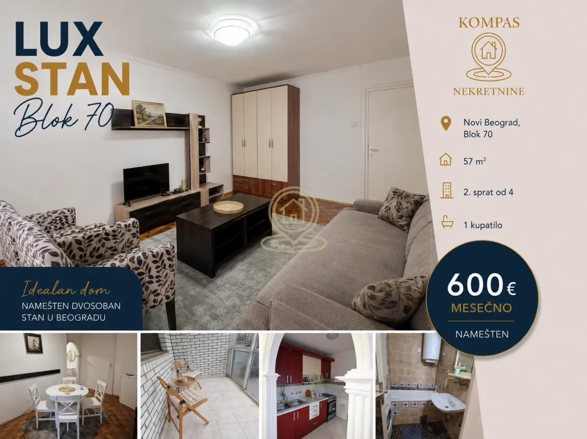Rent, two bedroom apartment, 57m², Novi Beograd Blok 70, Novi Beograd Sve Podlokacije