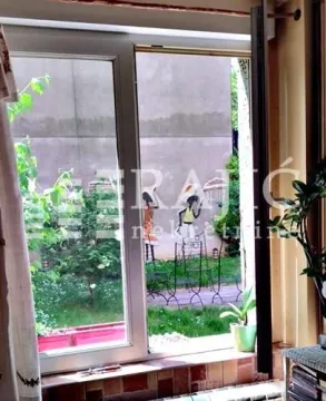 View through the living room window onto a landscaped green yard. - image 19