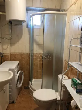 Smaller bathroom with a shower cabin, washbasin, washing machine, and toilet. - image 4