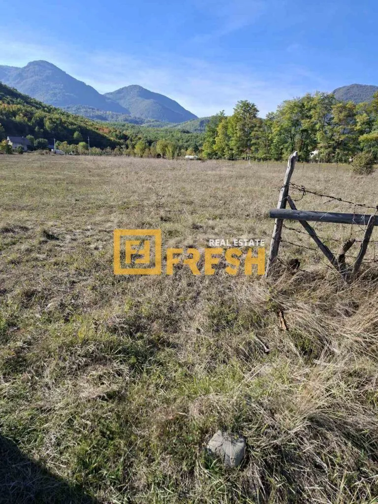 Pogled na prostrano zemljište u prirodi sa planinama u pozadini.