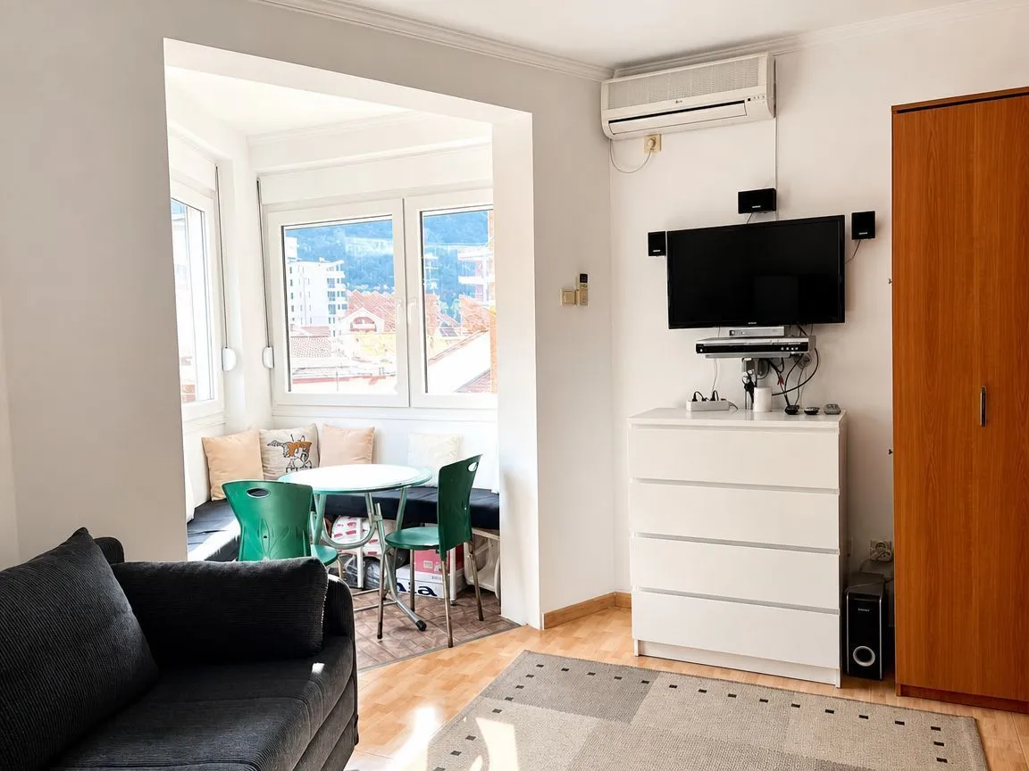 Living room with a sofa, TV, and an enclosed balcony area with a dining table.
