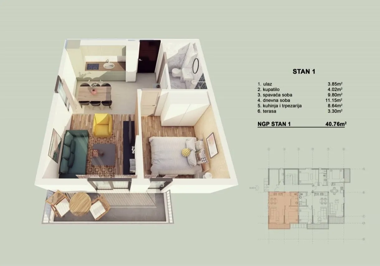 Prodaja, jednosoban stan, 59m², Orahovac, Kotor