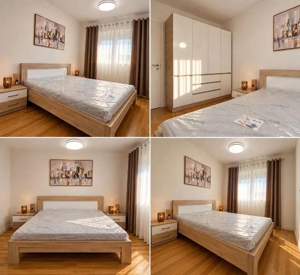 Kolekcija fotografija namještene spavaće sobe sa bračnim krevetom, ormarom i noćnim stočićima.