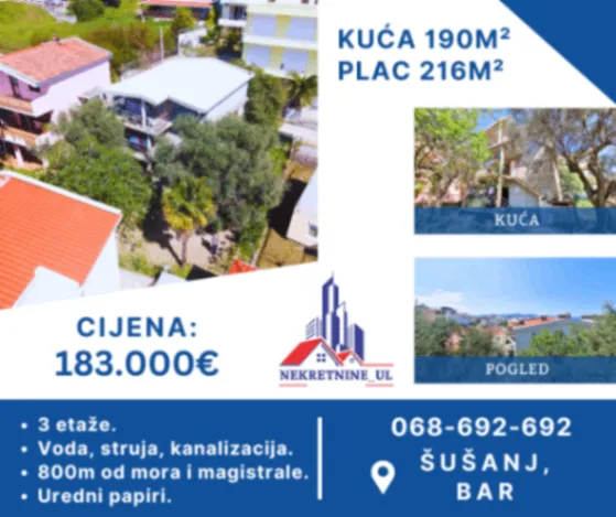Prodaja, kuća, 190m², Šušanj, Bar