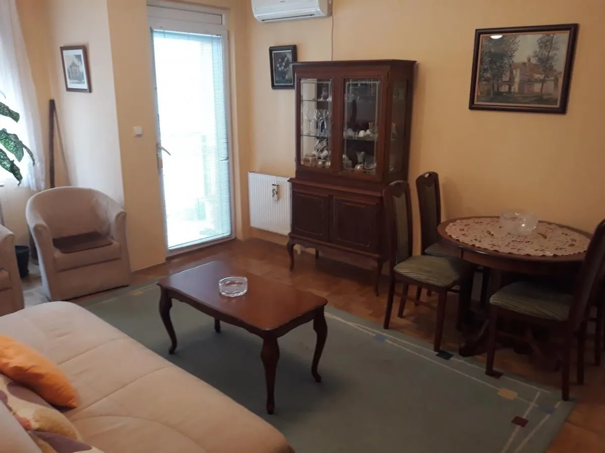Dnevna soba sa garniturom za sedenje, trpezarijskim stolom i vitrinom.
