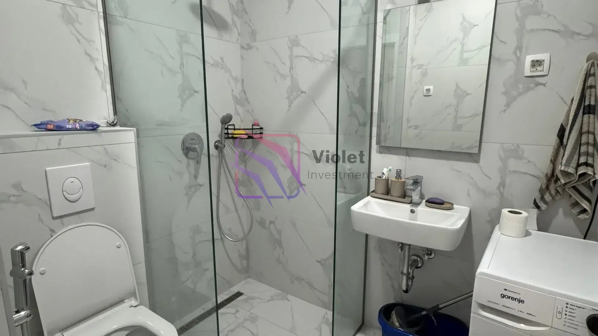 Modern bathroom equipped with a walk-in shower, washbasin, and toilet.