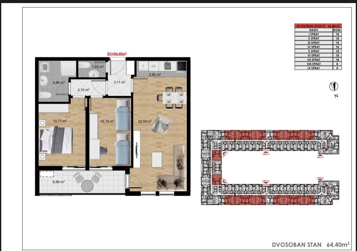 Prodaja, dvosoban stan, 64m², Stari Aerodrom, Podgorica