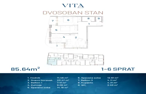 Osnova dvosobnog stana površine 85,64 kvadratna metra sa rasporedom prostorija. - image 5
