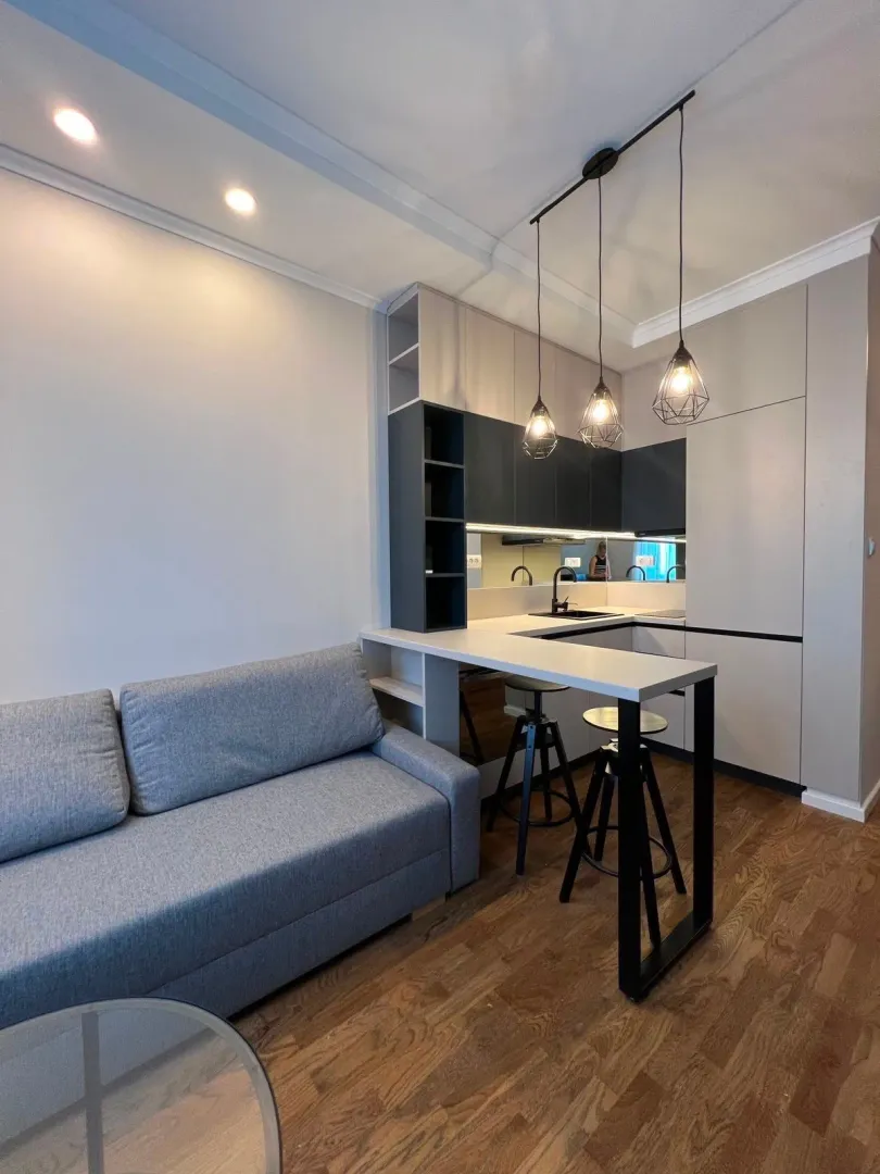 Modern living room with a sofa and a built-in kitchen in the background.
