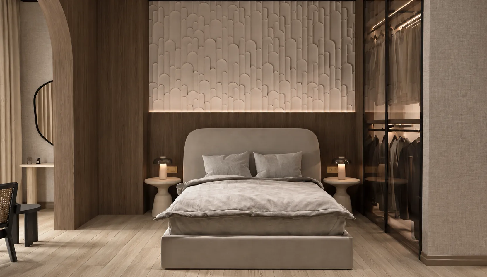 Modern bedroom with a double bed, wooden wall panels, and a walk-in wardrobe.