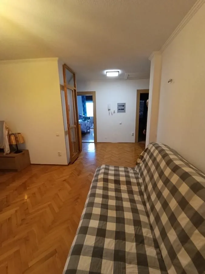 Dnevna soba sa kaučem i parketom na podu.