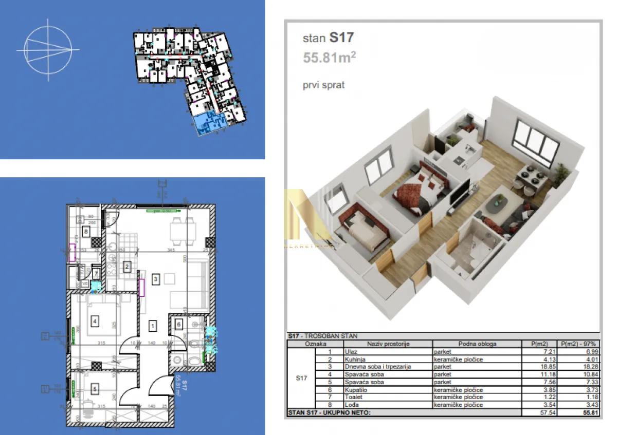 Sale, two bedroom apartment, 56m², Salajka, Novi Sad Sve Podlokacije