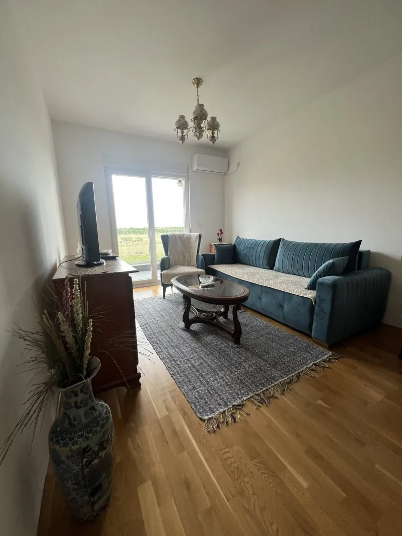 A bright living room featuring a blue sofa, coffee table, and TV.