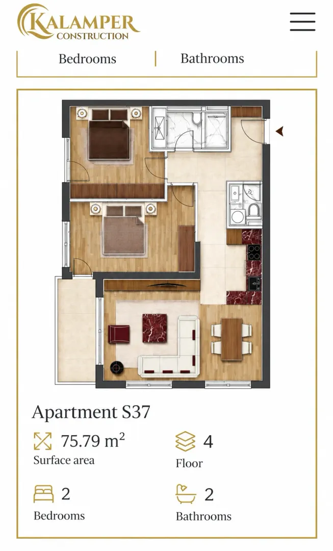Osma osnova stana S37 površine 75,79 m2.