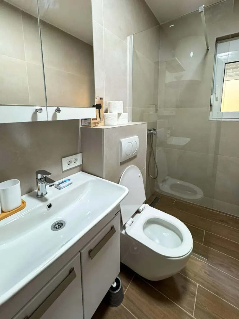 Modernly equipped bathroom with a washbasin, toilet, and walk-in shower.