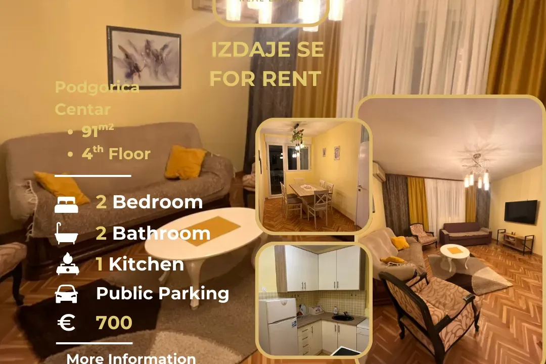 Izdavanje, dvosoban stan, 91m², Centar, Podgorica