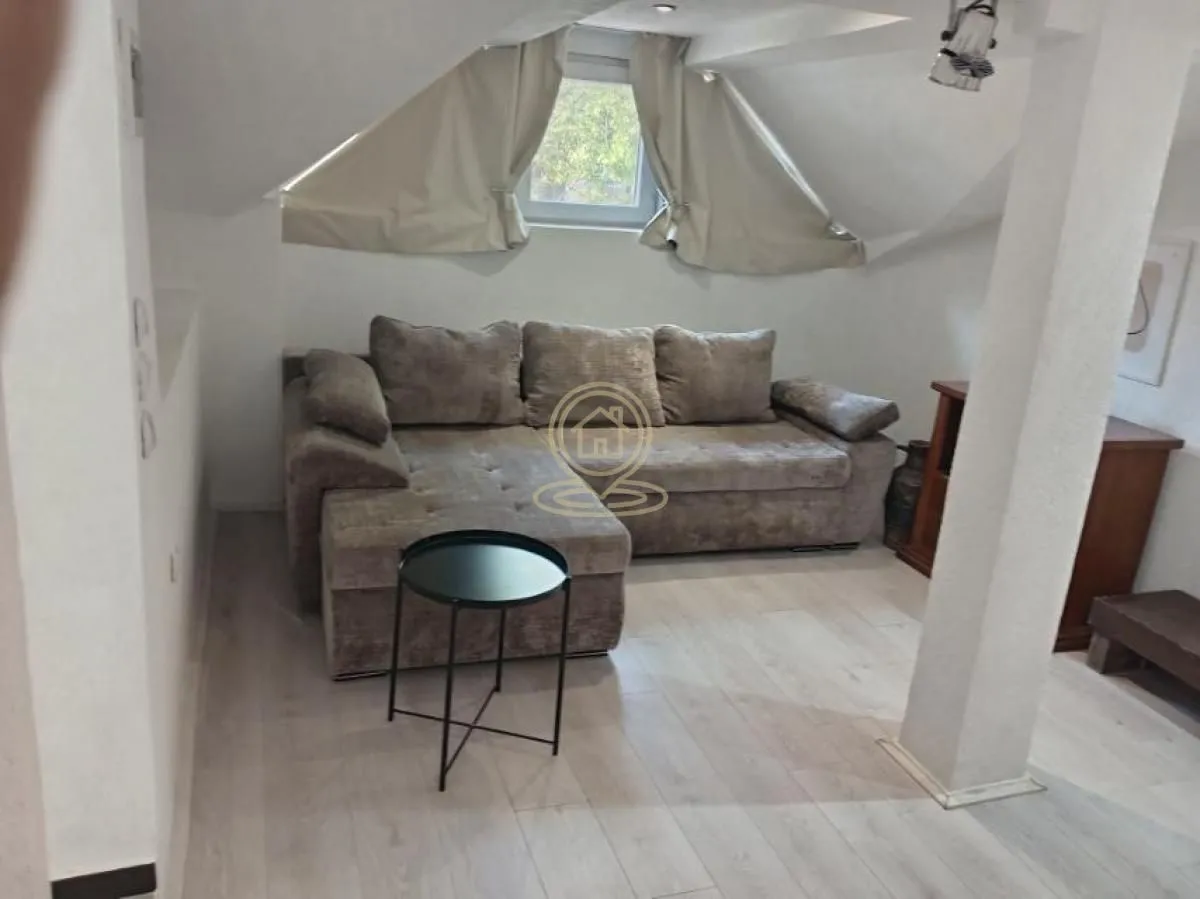 Living room with a sectional sofa and a small coffee table in the attic.