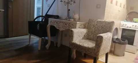 Part of a room with armchairs, a decorative table, and a stove. - image 6