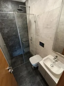 Modern bathroom with a walk-in shower, washbasin, and toilet. - image 16