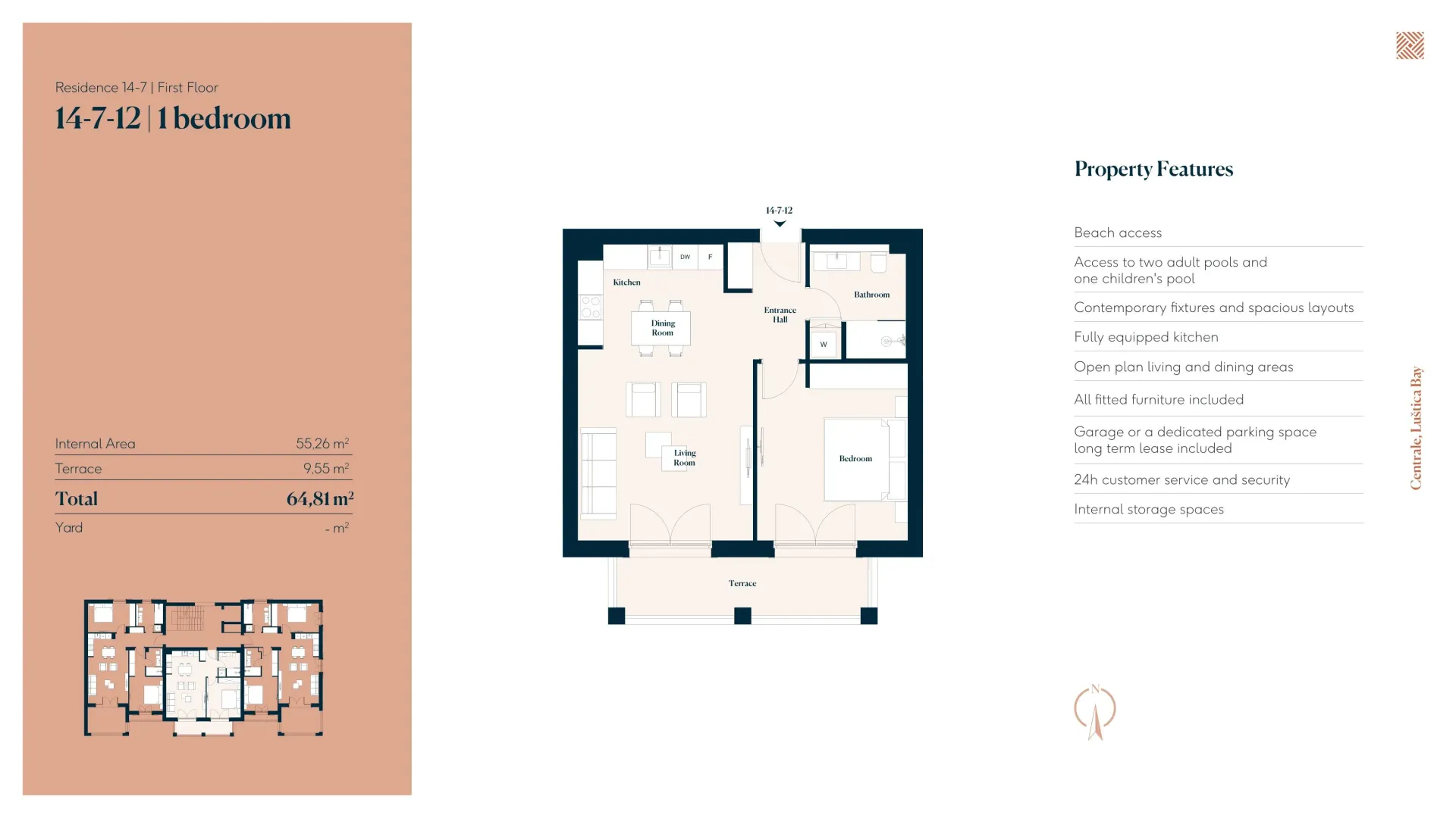 Prodaja, jednosoban stan, 65m², Luštica Bay, Tivat