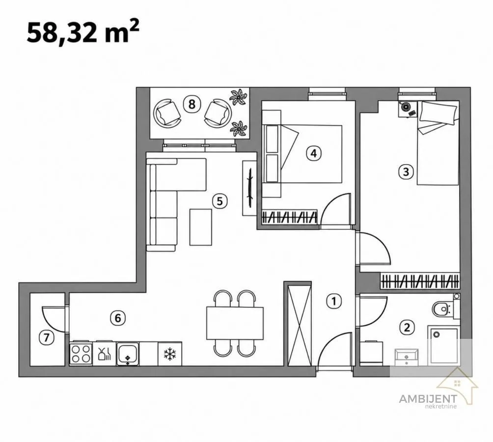Dvosobni tlocrt stana površine 58,32 kvadratnih metara sa rasporedom prostorija.