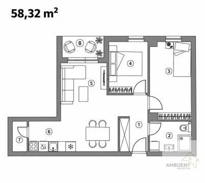 Dvosobni tlocrt stana površine 58,32 kvadratnih metara sa rasporedom prostorija. - image 2