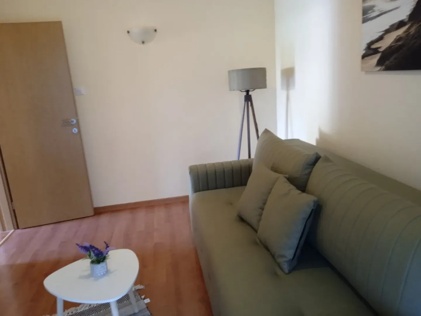 Living room with a green sofa, a small coffee table, and a floor lamp.