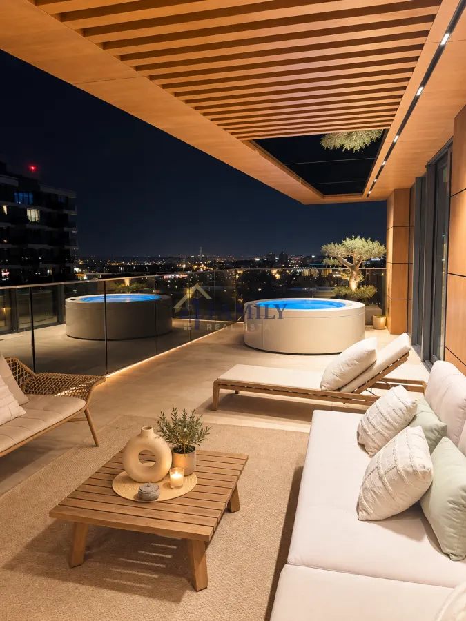 Prostrana terasa sa garniturom za sedenje, ležaljkama, đakuzijem i pogledom na grad noću.