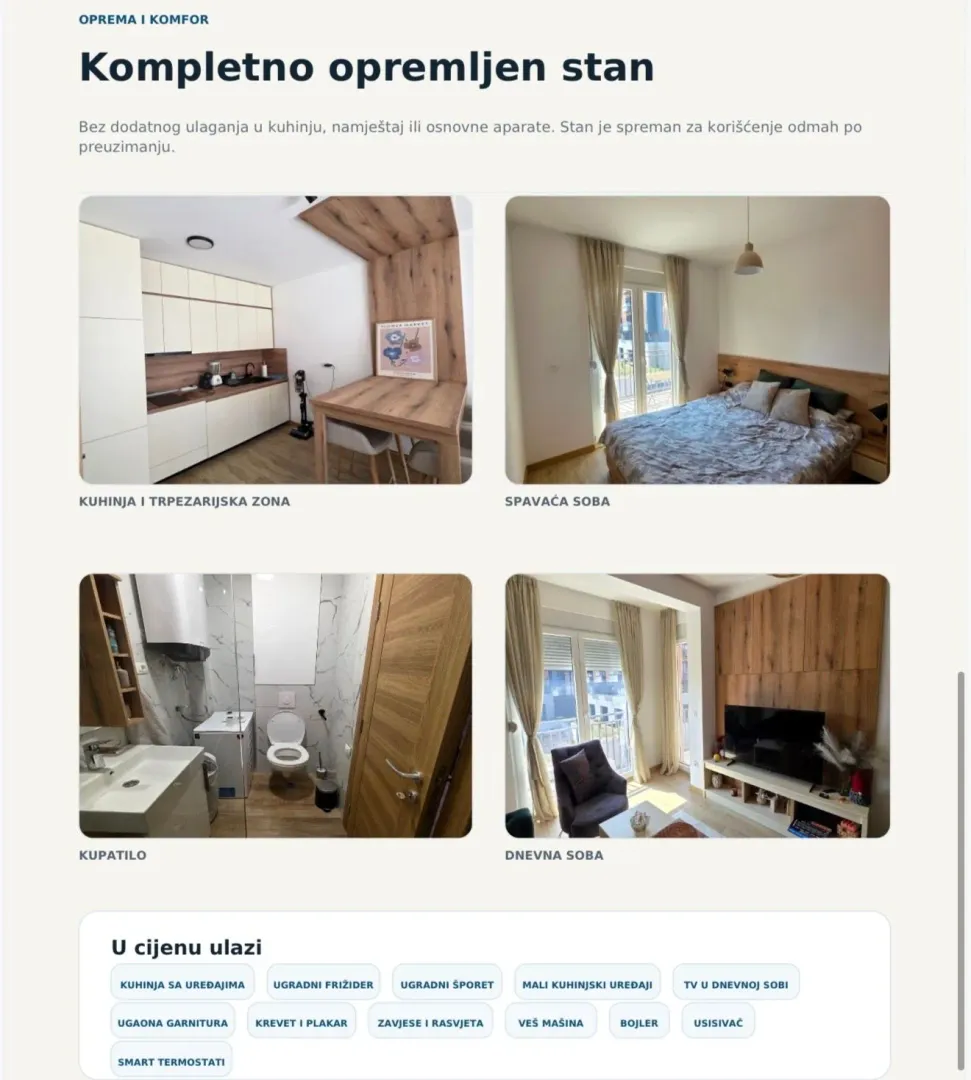 Pregled kompletno opremljenog stana sa kuhinjom, spavaćom sobom, kupatilom i dnevnim boravkom.