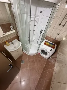 Bathroom equipped with a shower cabin, washbasin, and washing machine. - image 5