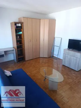 Living room with a sofa, wooden wardrobes, and a TV. - image 13
