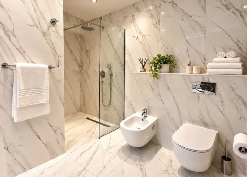 Modern bathroom with marble-effect tiles and a walk-in glass shower enclosure. - image 8