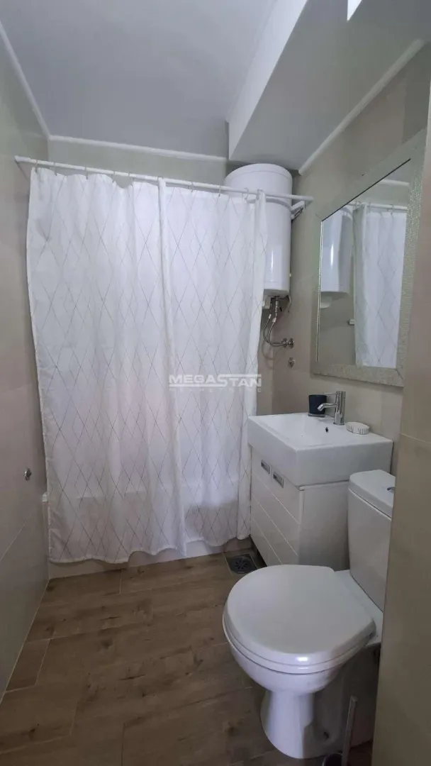 Smaller bathroom with a shower cabin, washbasin, and toilet.
