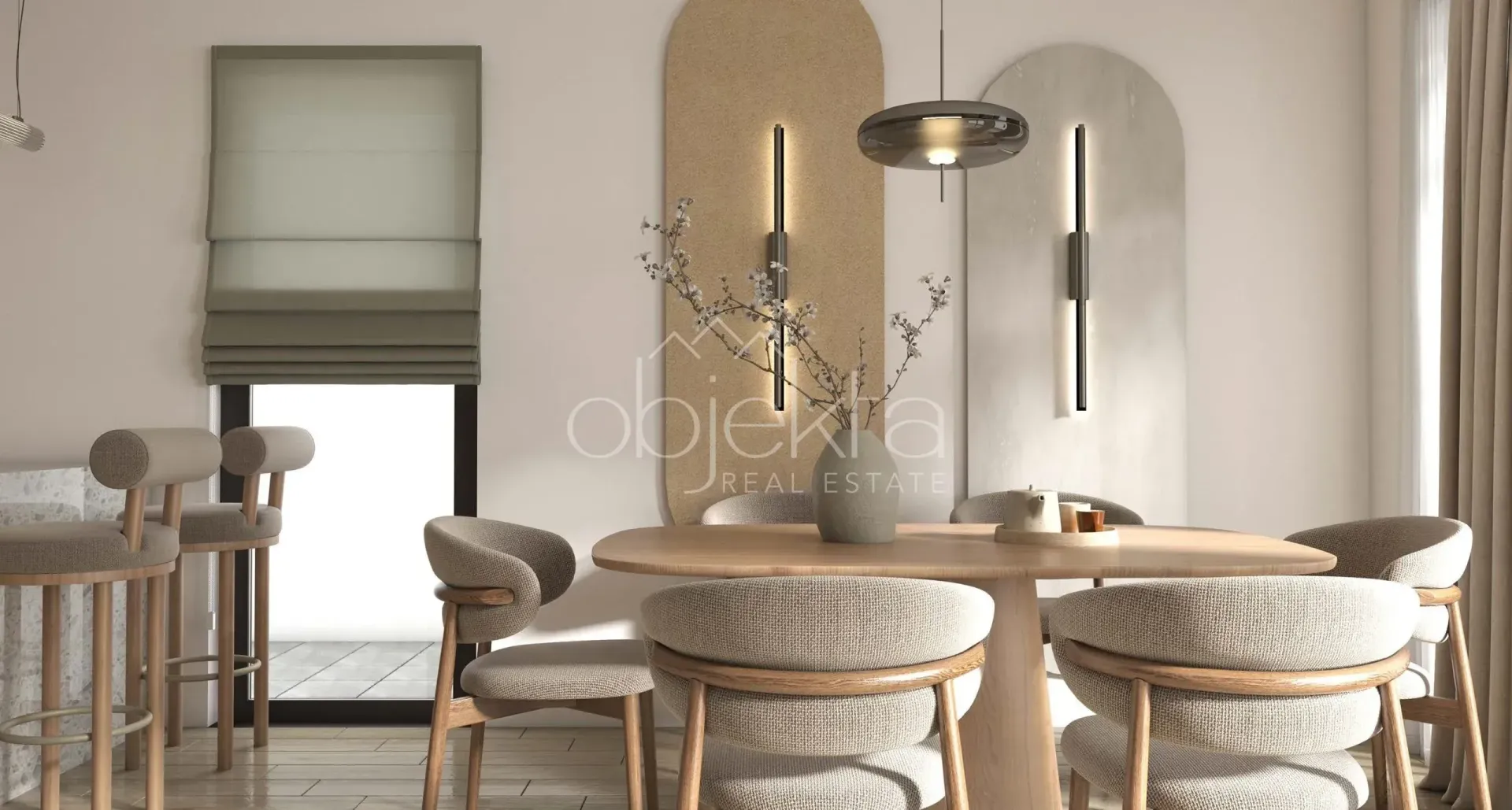 Dining area with a wooden table, chairs, and modern wall lighting.