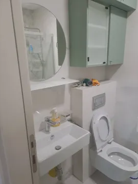 Kupatilo sa lavaboom, ogledalom i toaletnom šoljom. - image 13