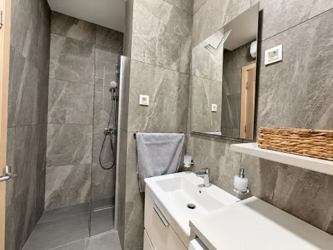 Moderne kupatilo obloženo keramičkim pločicama sa tuš kabinom i umivaonikom. - image 11