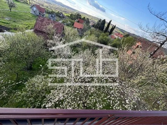 Pogled iz visine na dvorište puno zelenila i okolne kuće.
