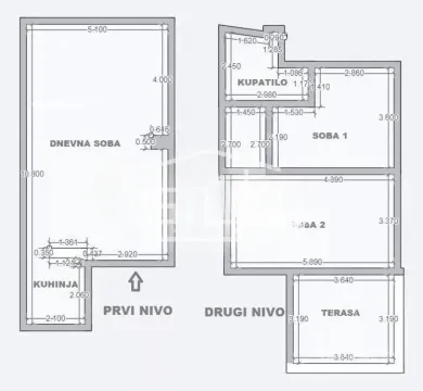 Floor plan of the apartment showing the layout of rooms on two levels with dimensions. - image 3