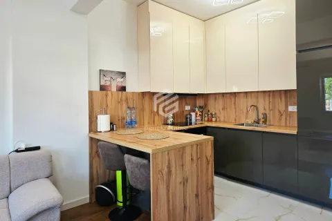 Kitchen with wooden elements and a small breakfast bar with two chairs. - image 9