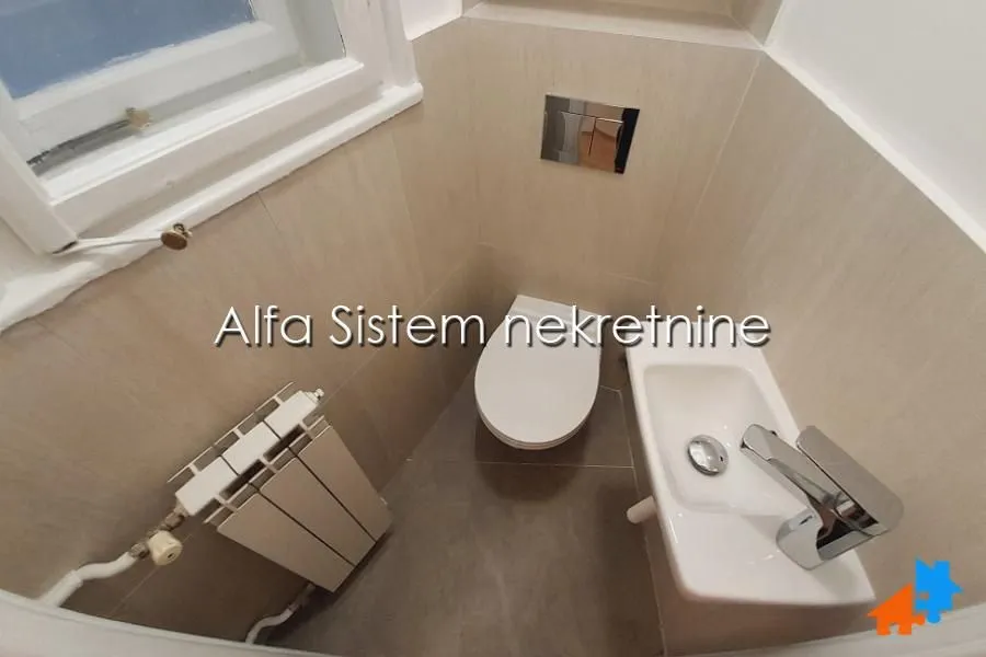Smaller bathroom with a toilet, small sink and radiator.