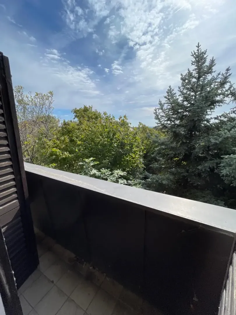 Pogled sa terase na zelene krošnje drveća i nebo.